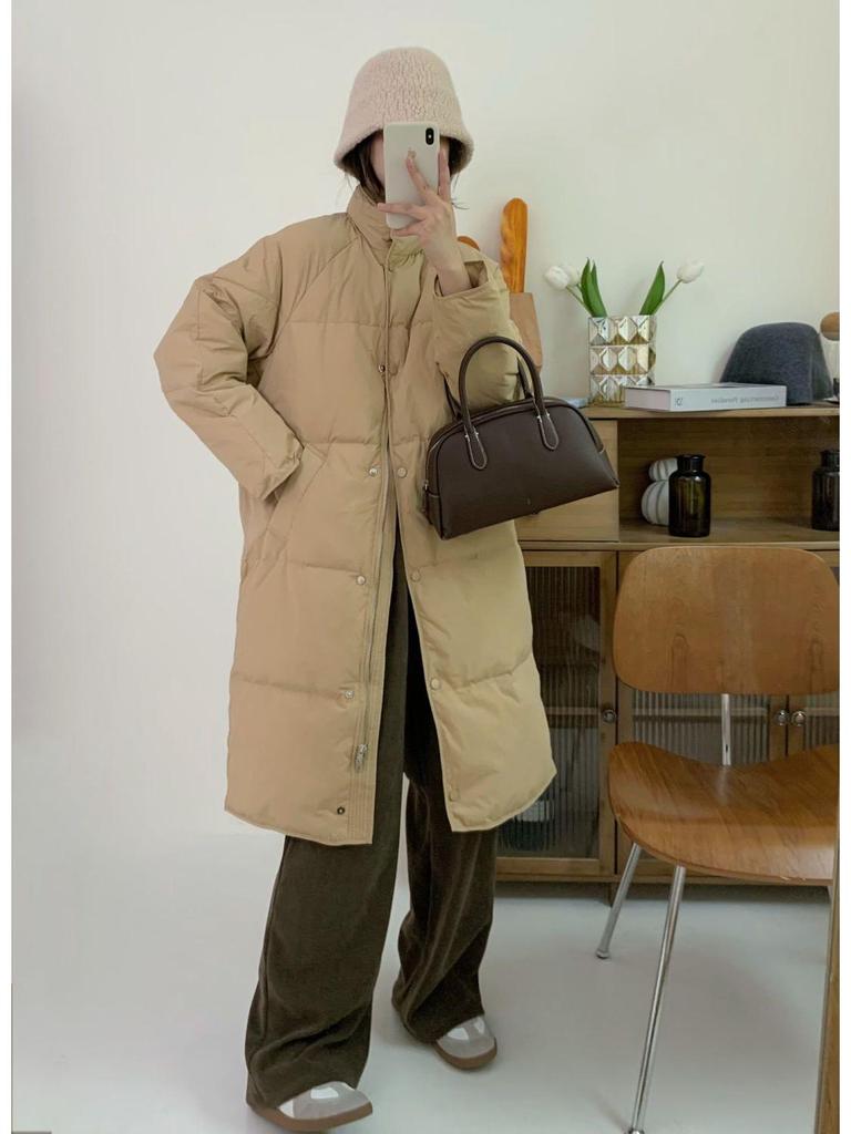 Женский пуховик средней длины в корейском стиле - Однотонный, воротник-стойка, свободный крой, теплая зимняя куртка.