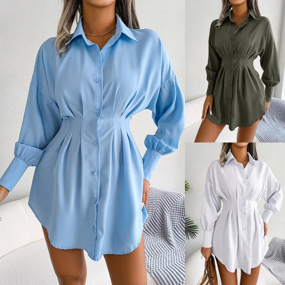 Women's Fashion Solid Color Long Sleeve Neck Waist Dress Shirt Dress