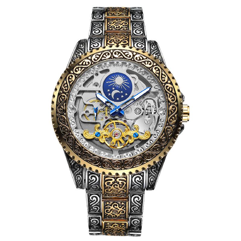 FORSINING Men's Automatic Watch Vintage Engraving Tourbillon Mechanical Skeleton Day Night Dial Wristwatch Stainless Steel Strap