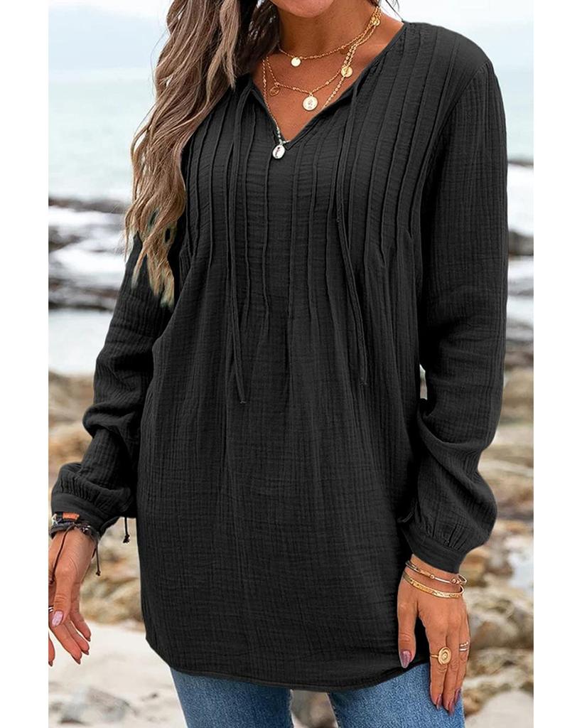 Azura Exchange Черный повседневный плиссированный V-образный вырез текстурированный свободный топ