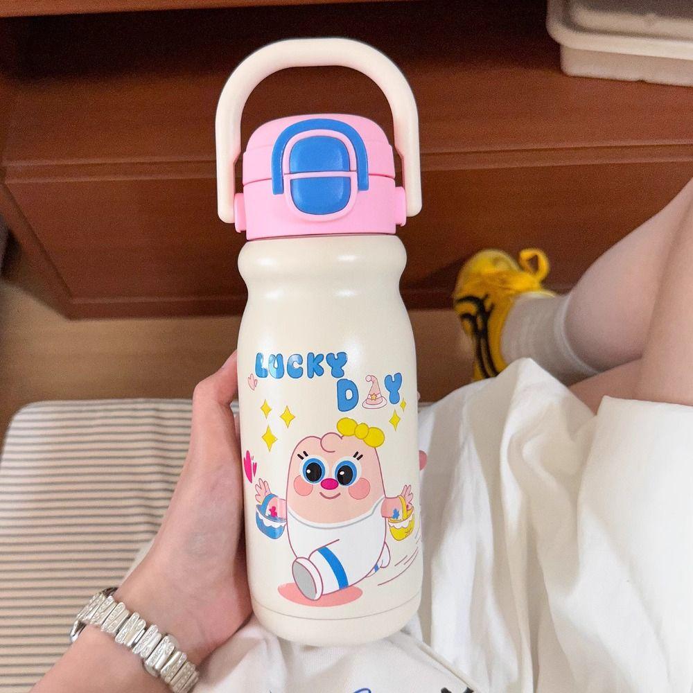 500ml Insulated Cup With Handle Thermos Water Bottle Cartoon Cartoon Straw Cup  Daily Use