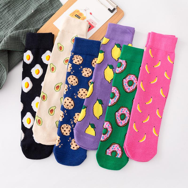 Funny Harajuku Women Casual Cartoon Fruit Sock Hot Sale Banana Avocado Lemon Egg Cookie Donuts Colorful Japanese Skateboard Sock