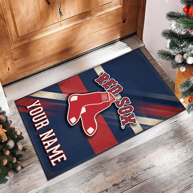 Boston Red Sox Crystal Velvet Rug, Custom Name Text Personalized Non‑Slip Floor Mat for Home Decor Gift