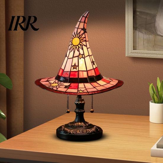 Low Energy Desk Lamp Stained Glass Style Witch Hat Lamp, USB Powered Resin Wizard Night Light Retro Gothic with Sun Star, Halloween Table for Bedroom