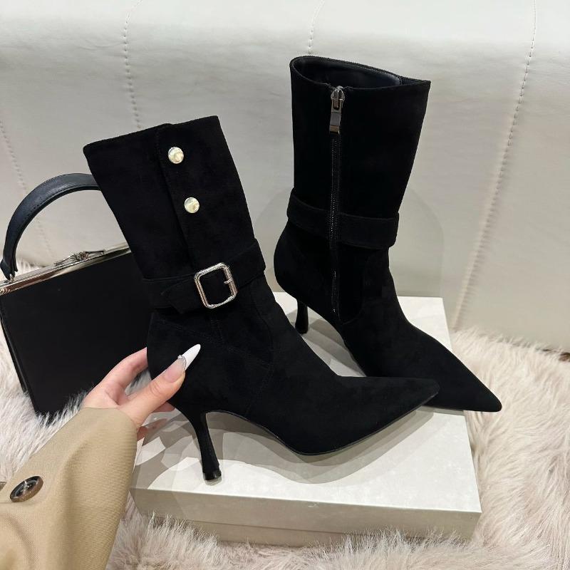 Vintage Suede Metal Buckle Pleated Pile Boots Western Cowboy Boots Pointed Skinny High Heel Short Boots Women