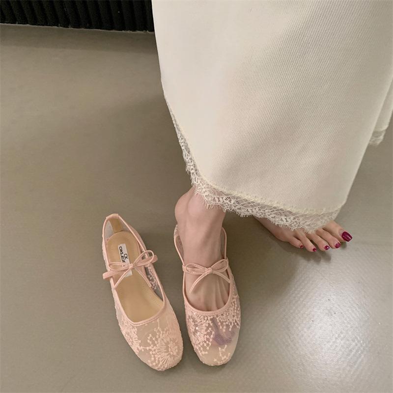 Женские туфли Мэри Джейн в стиле феи с бантом, новинка 2025 года, полые кружевные туфли с неглубоким горлом и юбкой, вечерние туфли на плоской подошве