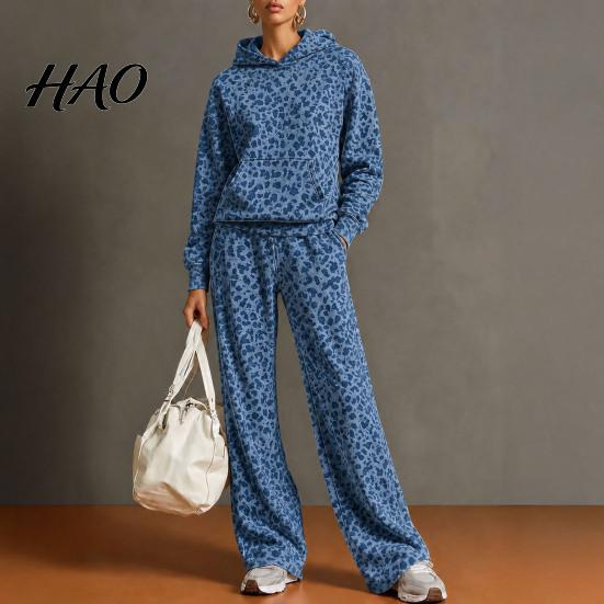 Loose Fit Lounge Sets Women Leopard Print Hoodie & Pants, Hooded Sweatshirt with Kangaroo Pocket, Casual Wide Leg Pants Two Piece Set for Fall Winter