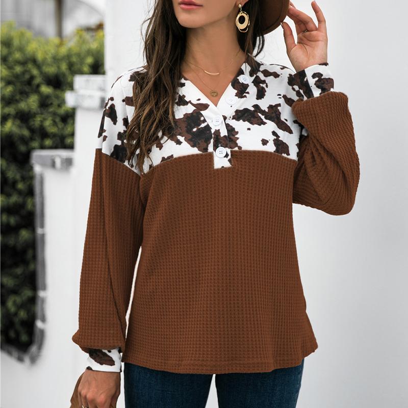 Women's Loose Top Casual Leopard Print Button Long Sleeves