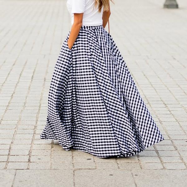 S-5XL Fashion Women High Waist Pleated Maxi Skirts Pockets Plaid Long Dress