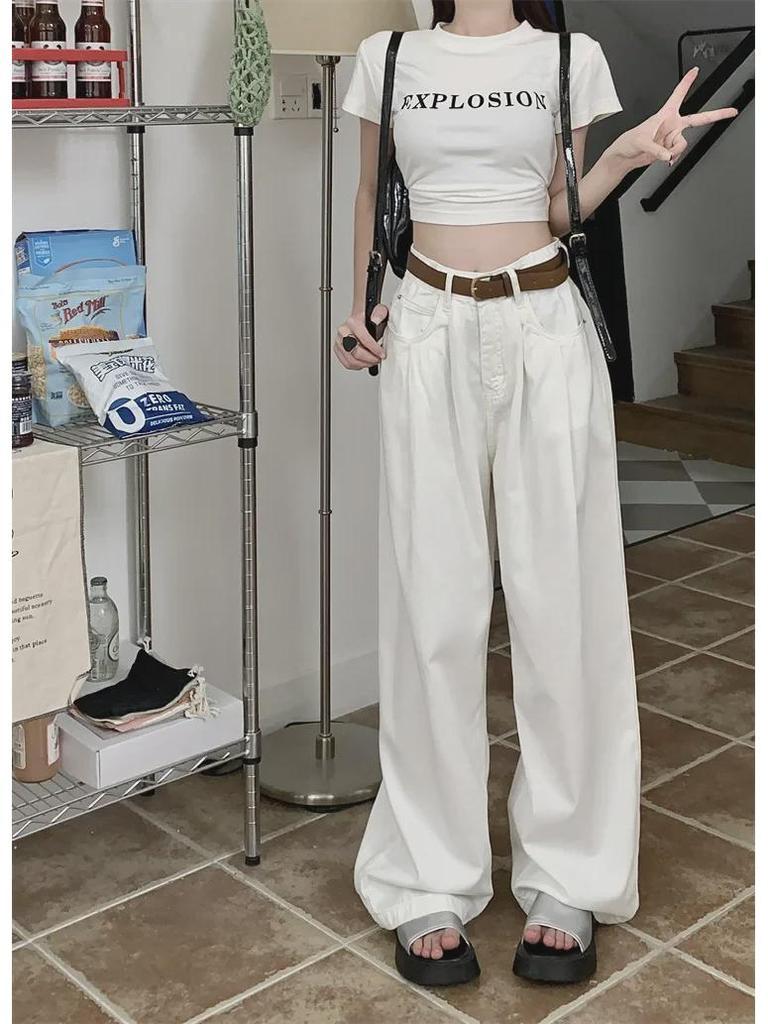 White High-Waist Loose Straight Leg Denim Trousers for Women - Summer 2024 Collection