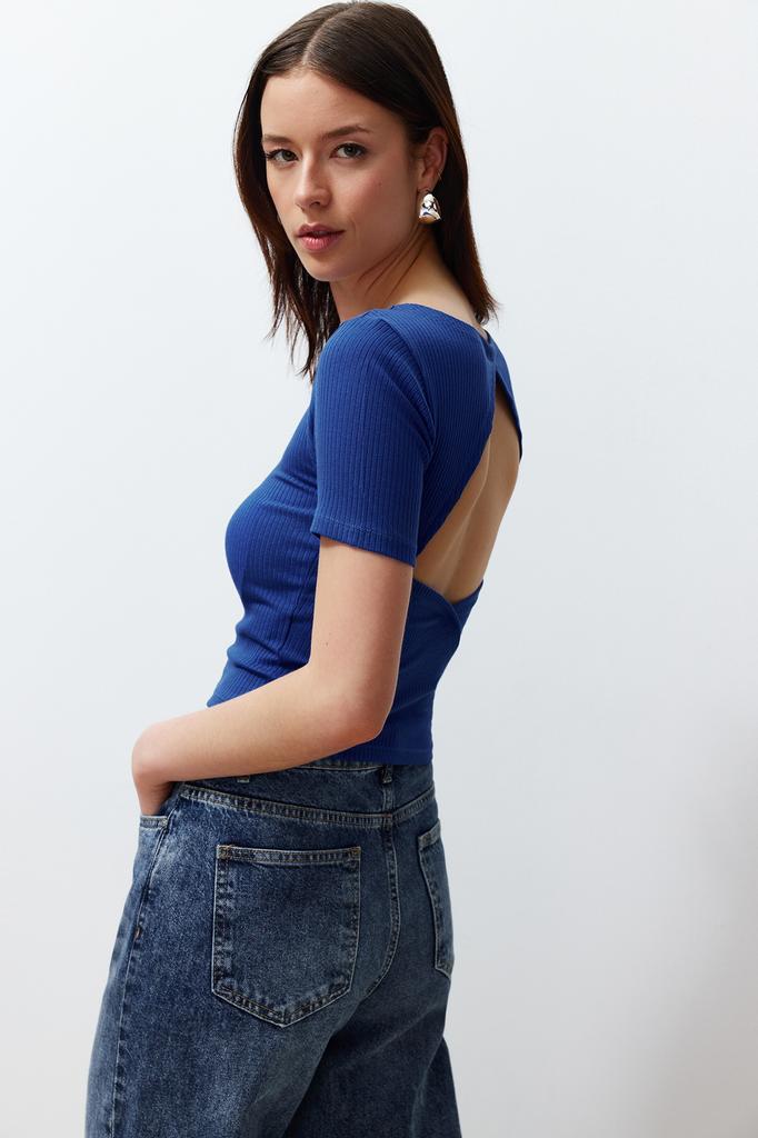 Women's Fashion Blouse Crew Neck Short Black Backless Tie Detailed Ribbed Flexible Knitted Blouse