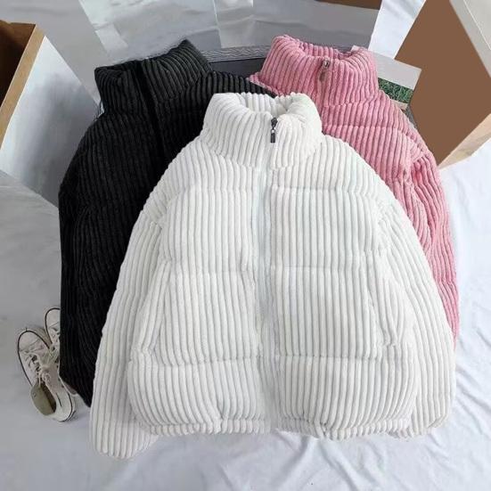 Stand Collar Neck Protection Striped Texture Loose Thick Long Sleeve Solid Color Heat Retention Lady Outdoor Jacket