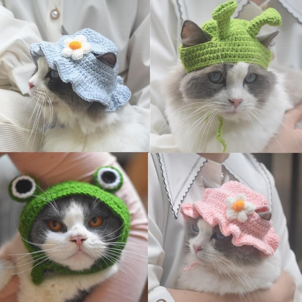 Winter 2023 Warm Elastic Crochet Cat Hat Frog Hat Pet Cap for Party Photo Props