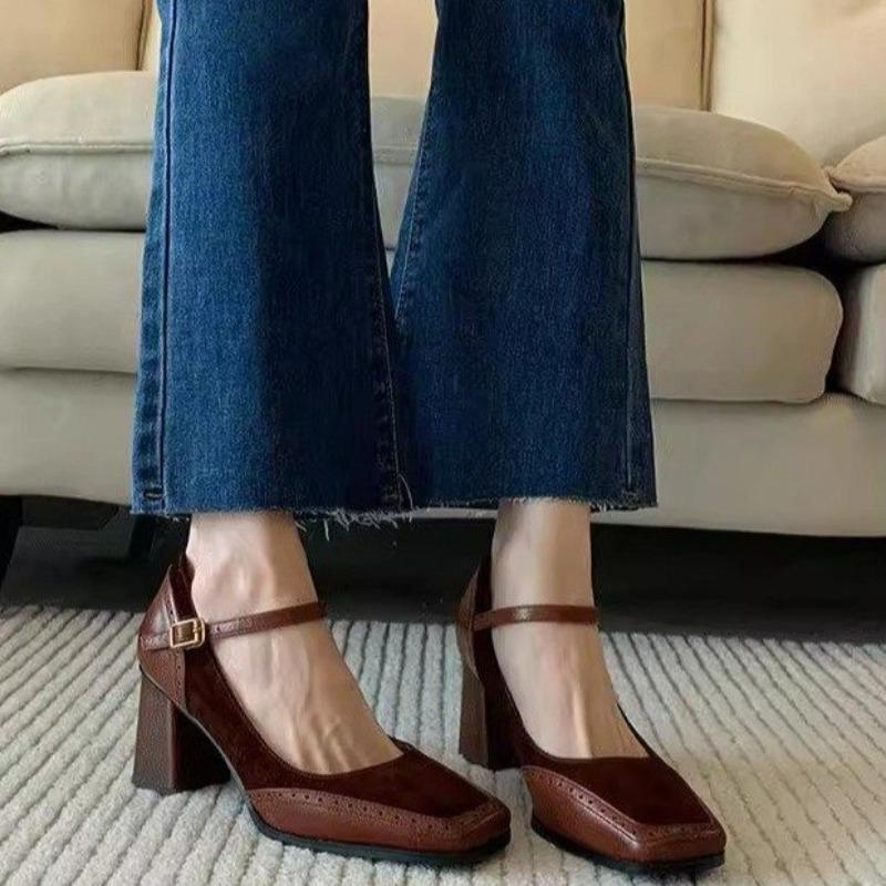 2025 Новая Мода Французский Стиль Женские Черные Туфли-Лодочки с Квадратным Носком на Массивном Каблуке и Толстой Подошве, С Пряжкой, Слипоны, Винтажные Сандалии для Леди