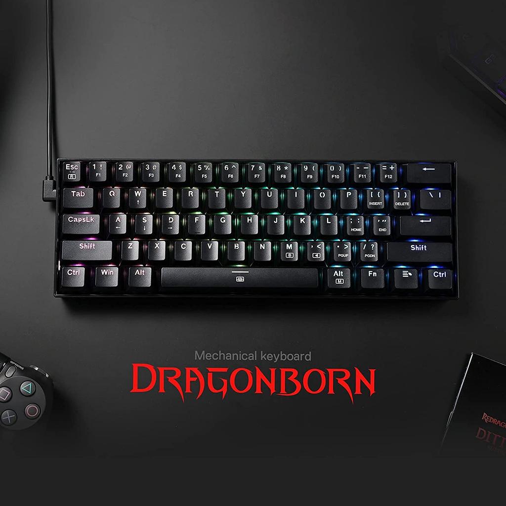 Redragon K630 Dragonborn 60% Проводная RGB Игровая Клавиатура, Компактная Механическая Клавиатура на 61 клавишу с Тактильными Коричневыми Переключателями и Поддержкой Профессионального Драйвера, Черная