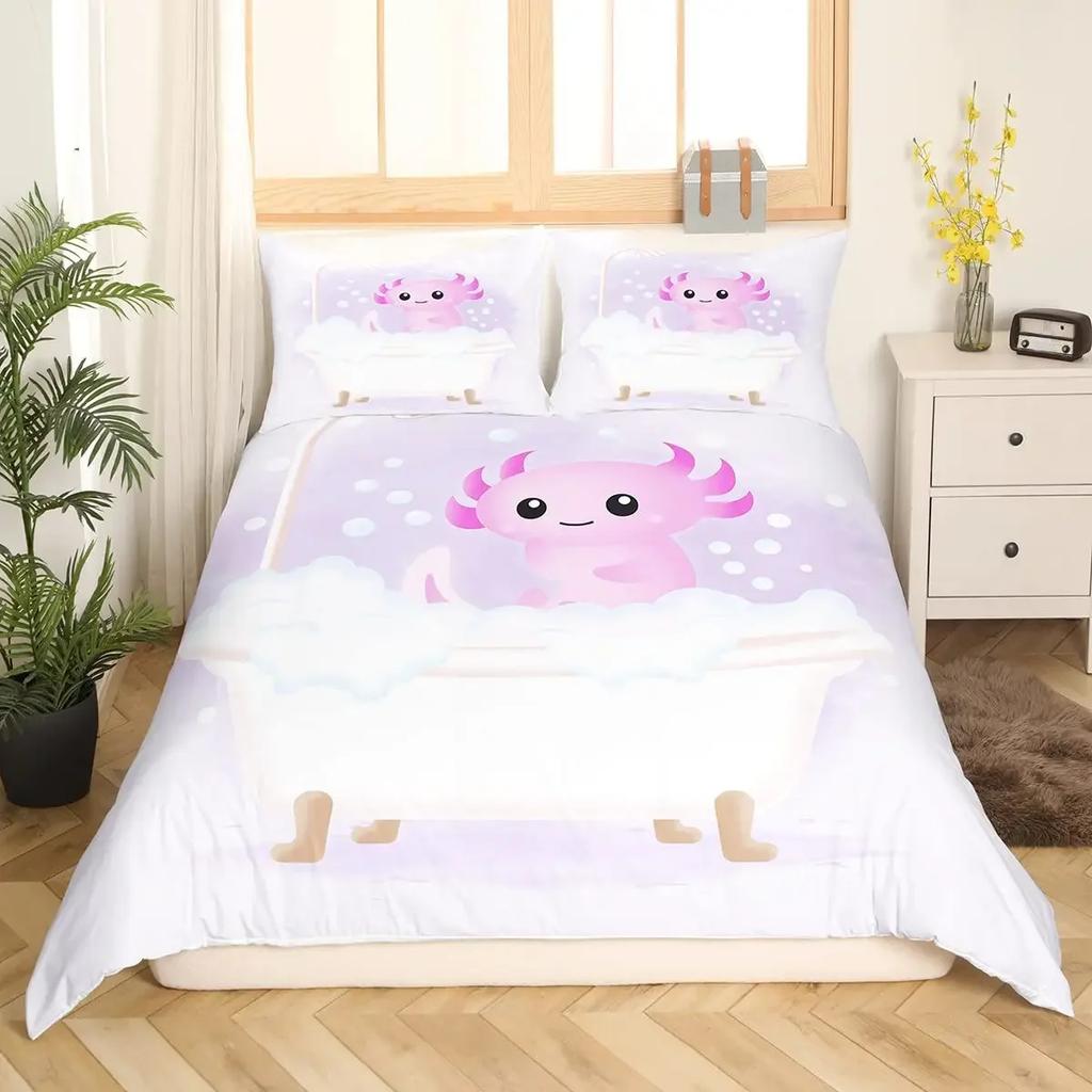 Одеяло Мультяшный Розовый Аксолотль Цветочный King Queen Kawaii Саламандра Комплект Постельного Белья 3D Животное Полиэстер Одеяло