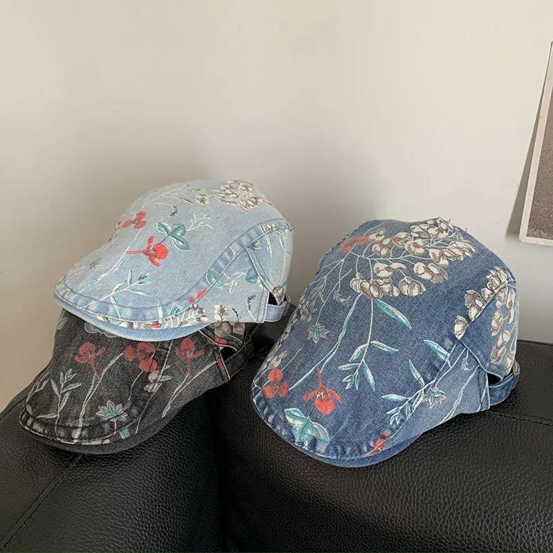 WTEMPO Ретро Простые Повседневные Цветочные Печатные Джинсовые Береты Женские Универсальные Этнические Стильные Однотонные Хлопковые Кепи Шляпы