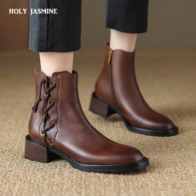 2024 Новые женские ботинки с круглым носком и толстым каблуком. Ботильоны из кожи. Зимние ковбойские ботинки. Челси из натуральной кожи.
