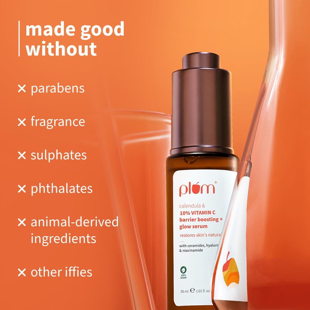 Plum 10% Vitamin C & Calendula Glow Serum 30ml Pack of 1 for Skin Barrier Repair and Radiance Boost