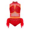 Girls Sleeveless Cutout Back Shiny Rhinestones Color Block Leotard Feather Skirt Jazz Latin Dance Performance Costume