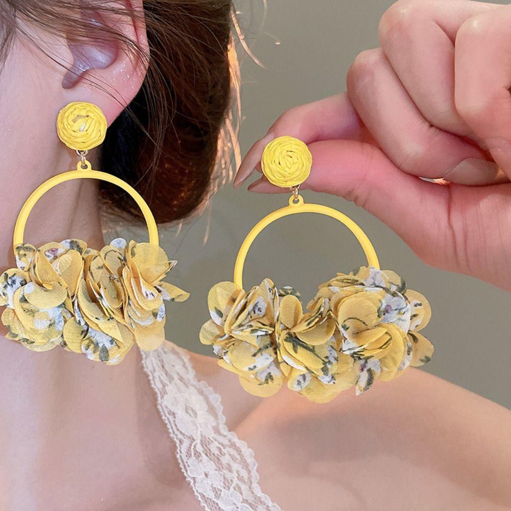 Colorful Fabric Flower Eardrop Sweet Exaggerated Earrings Fashion Mesh Flower Earrings Women
