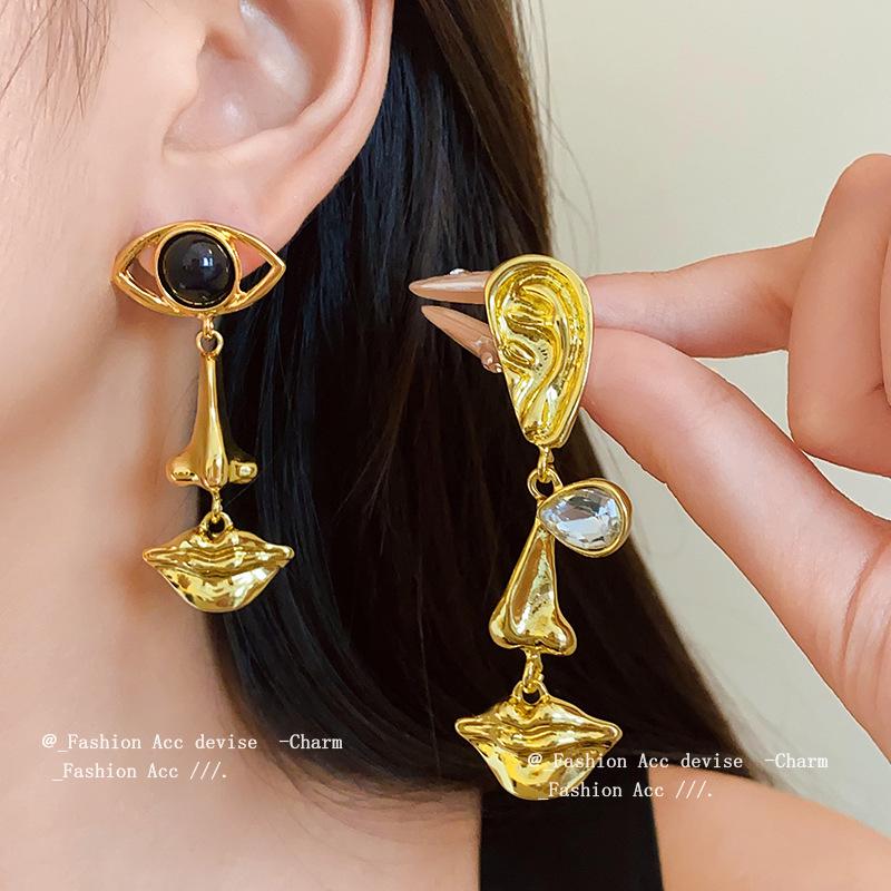 Винтажные серьги в придворном стиле с подвеской-каплей, инкрустациями в виде глаз, рта и стразами