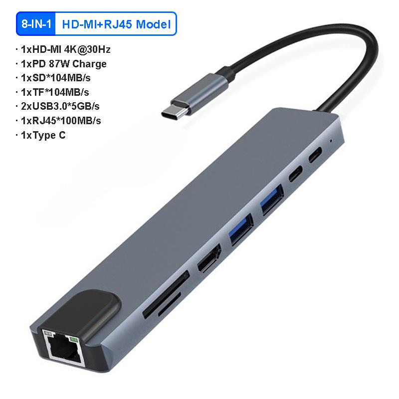 Адаптер USB C HUB Type C 4K 30 Гц HDMI-совместимый VGA RJ45 Lan Ethernet SD/TF PD 87 Вт Док-станция для ноутбука для MacBook Pro Air Разветвитель USB 3.0