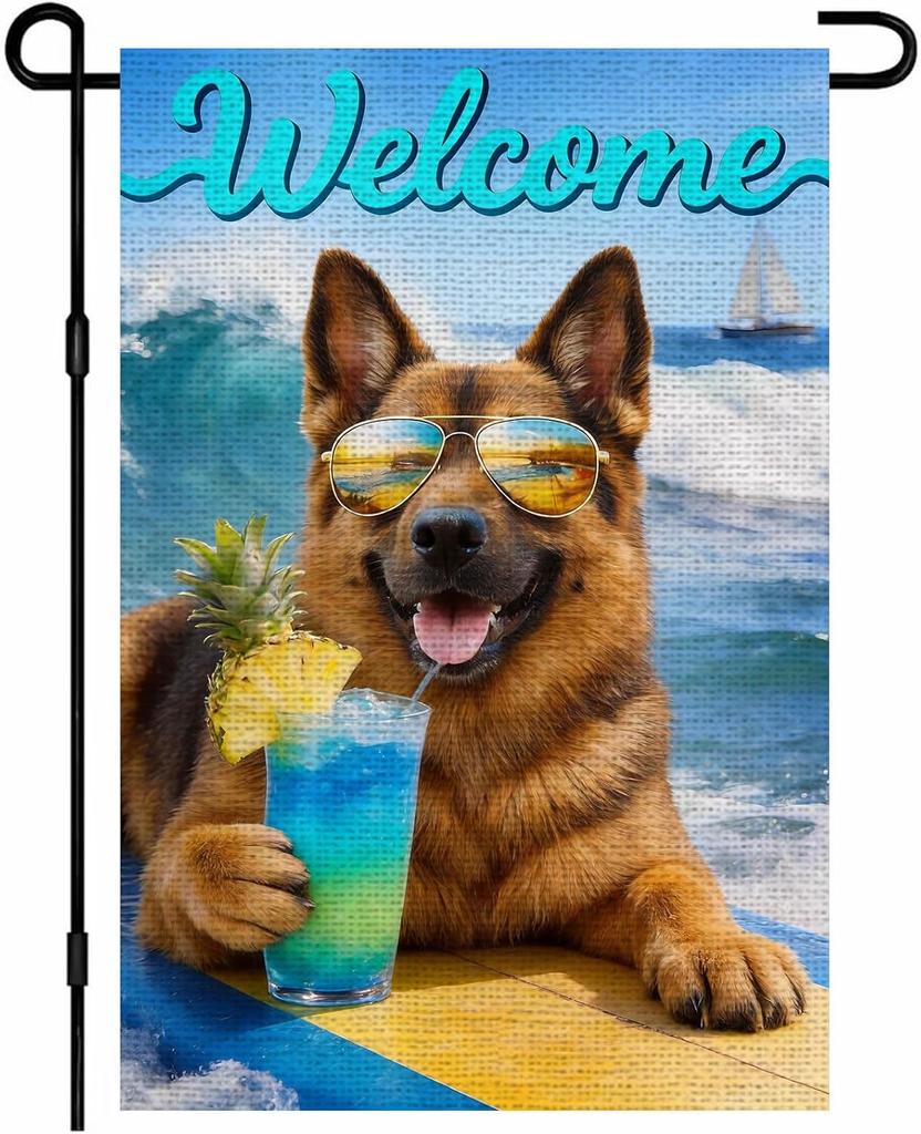 IVN Summer Garden ag 12x18 Inch Double Sided Burlap Welcome German Shepherd Sunglasses Beach Cocktail Design Small Outdoor