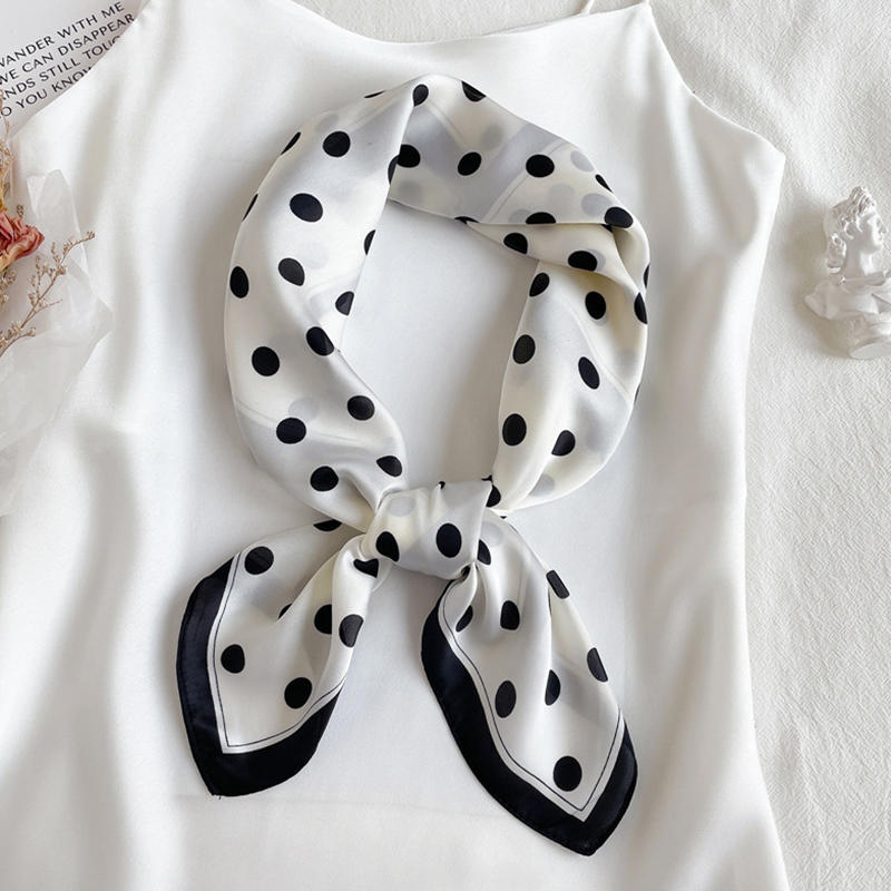 Women Lightweight Elegant Polka Dot Knotted Silk Small Square Scarf Summer Spring Elegant Neckerchief Satin Head Scarf