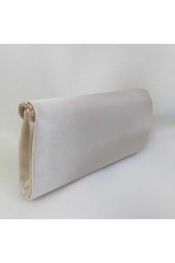 Women's Stylish and Useful Evening Dress Bag Shiny Beige Satin Silver Stone Evening Bag
