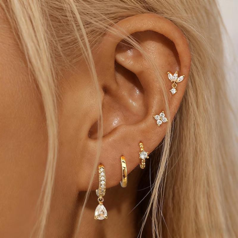 3/5/6Pcs Copper Geometry Huggie Hoop Earrings Set Daily Wear Gold Silver Color Zircon Ear Piercing Earring Wedding Jewelry Gifts