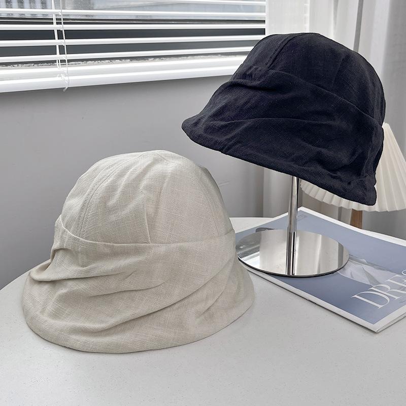 New linen pleated bucket hat women's spring and summer face small breathable versatile basin hat sunscreen sunshade bucket hat