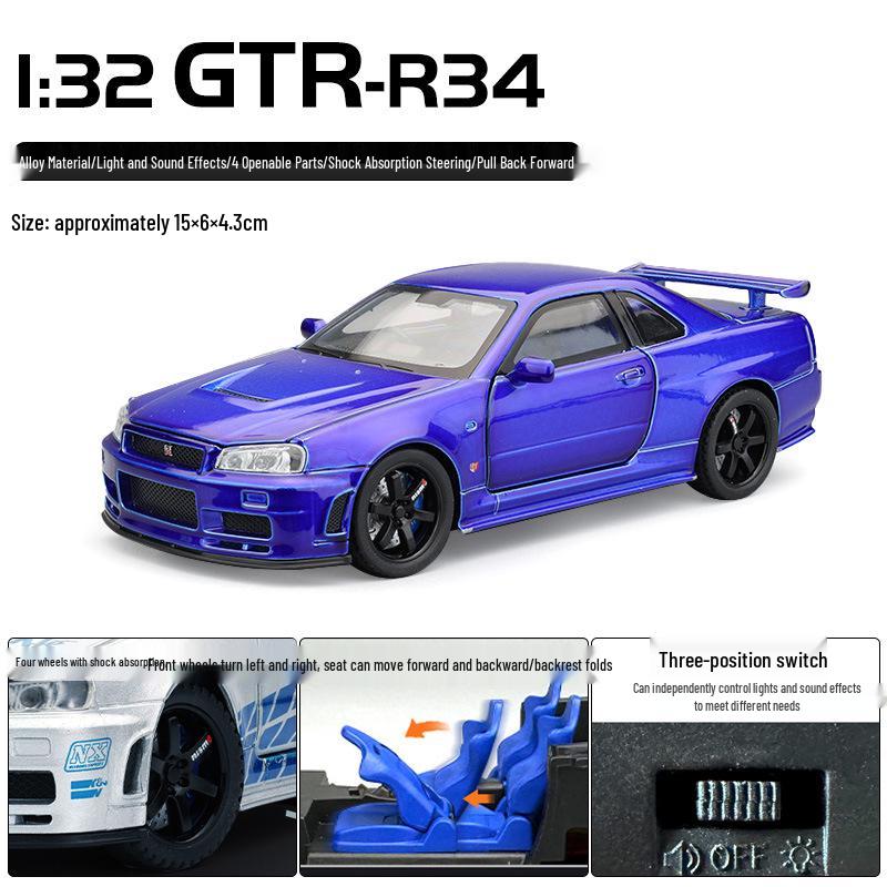 1:32 GTR R34 Low-Rider Sports Car Model with Opening Doors, Four-Wheel Suspension, Alloy Build, Sound and Light, Pull-Back Simulation
