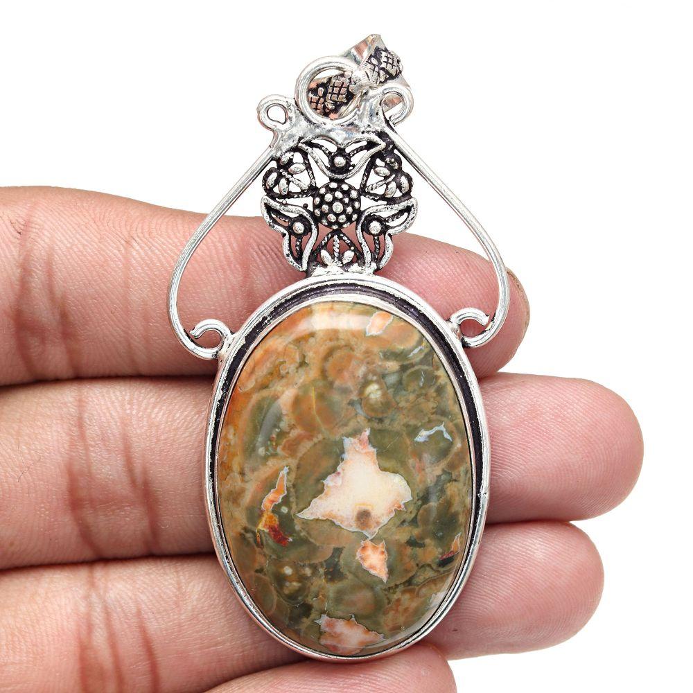Pendant Rainforest Jasper Gemstone Handmade Silver Jewelry 2.75"