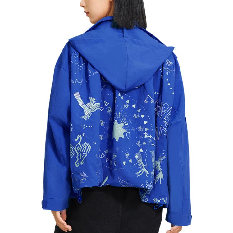 Li Ning Fun Pattern Printed Zipper Hooded Jacket Women Jackets Blue AFDSB42-1