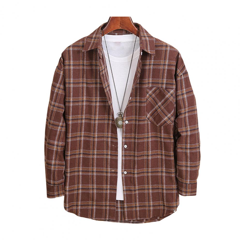 Мужская весенне-осенняя блузка с отложным воротником, однобортная, в клетку, с длинным рукавом, удобный крой, японский стиль, кардиган, официальный, деловой