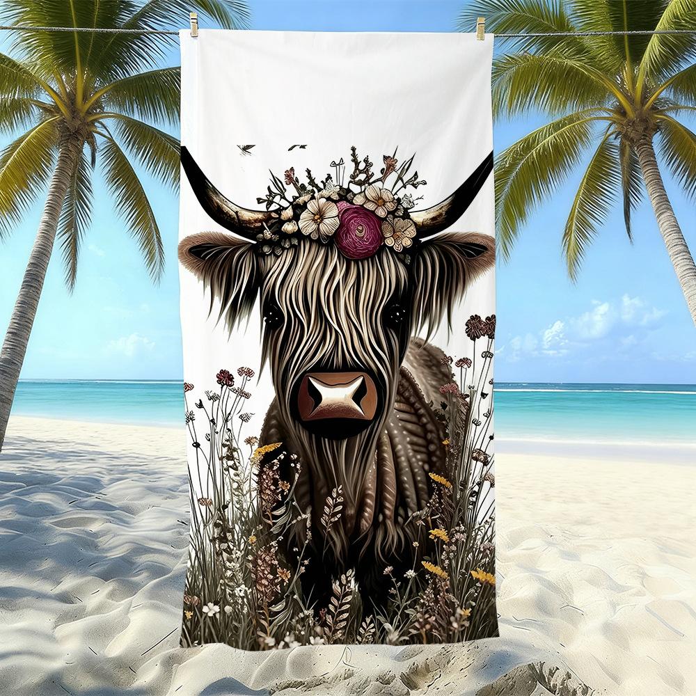European And American Retro Highland Beef Printing Beach Towel Microfiber Thickened Water Absorption Quick Drying Outdoor Bath Towel