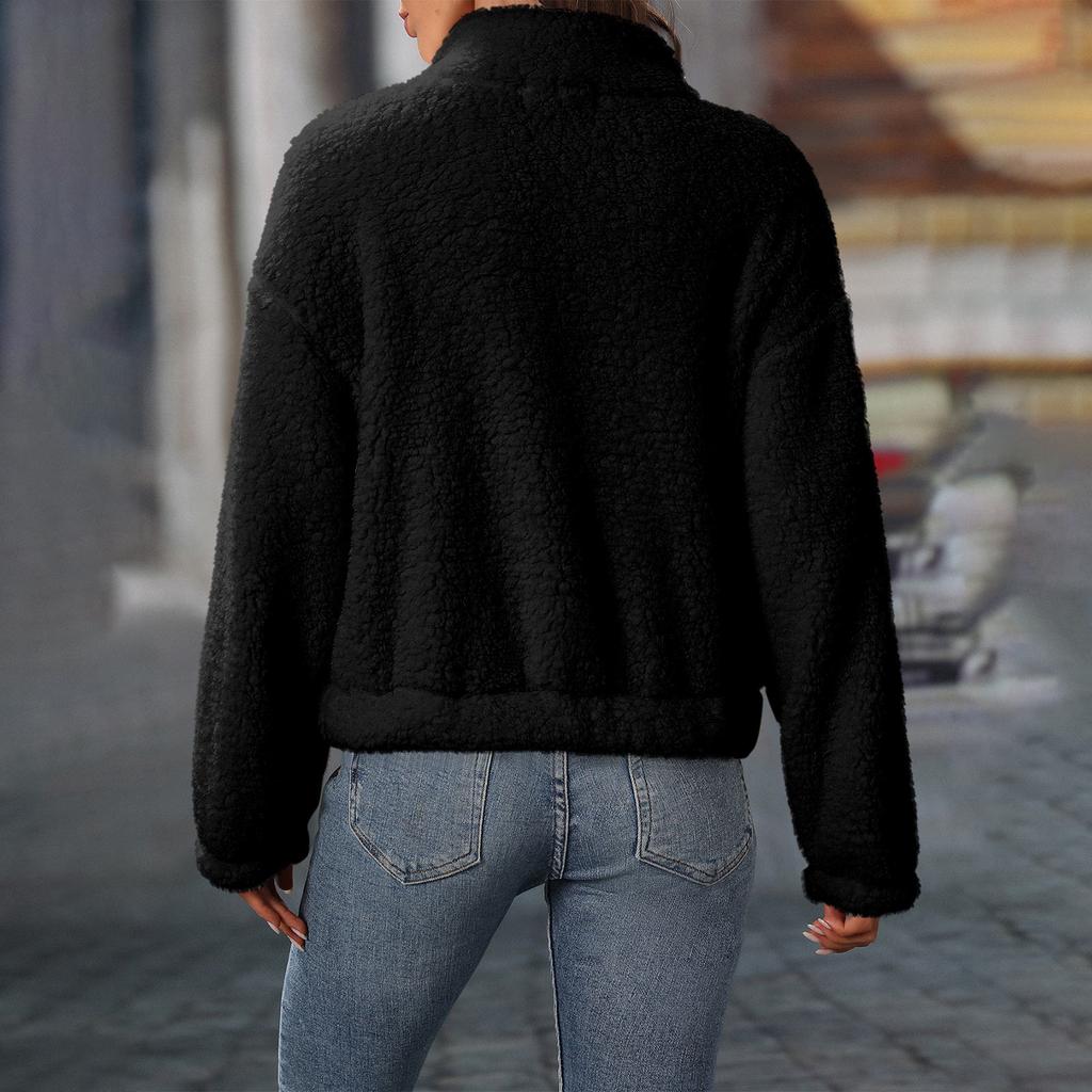 Женская и зимняя плюшевая толстовка с длинным рукавом, свободная, с полумолнией и воротником-стойкой