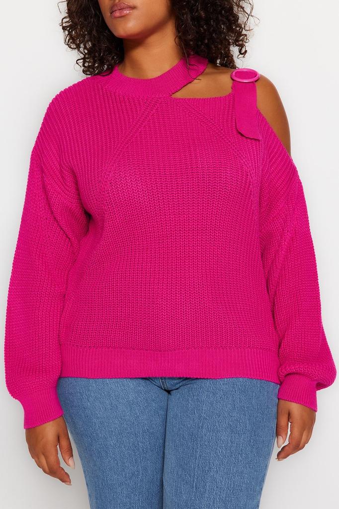 Women's Plus Size Sweater Fuchsia Window Cut Out Detailed Knitwear Sweater
