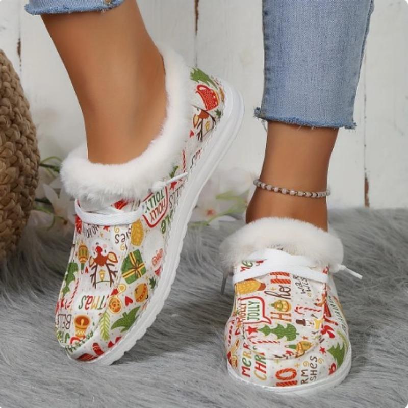 2024 новые женские туфли из парусины в рождественском стиле с принтом, зимние теплые мокасины с флисовой подкладкой, удобные плюшевые рождественские теплые туфли из парусины