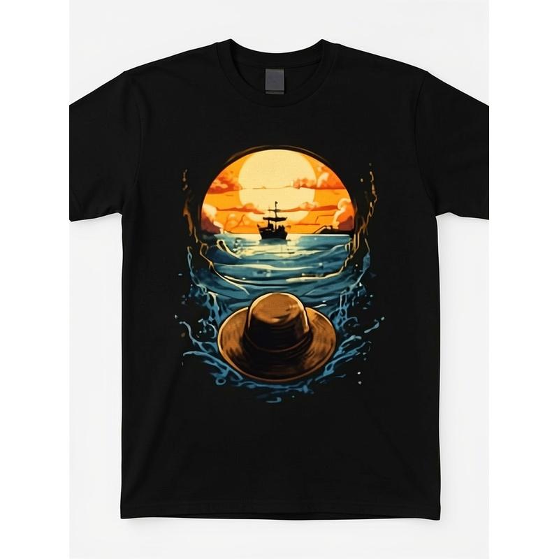 1pc T-Shirt = Trendy Loose Design Anime Print Pure Retro Round Neck Men'S Short Sleeved T-Shirt 220G