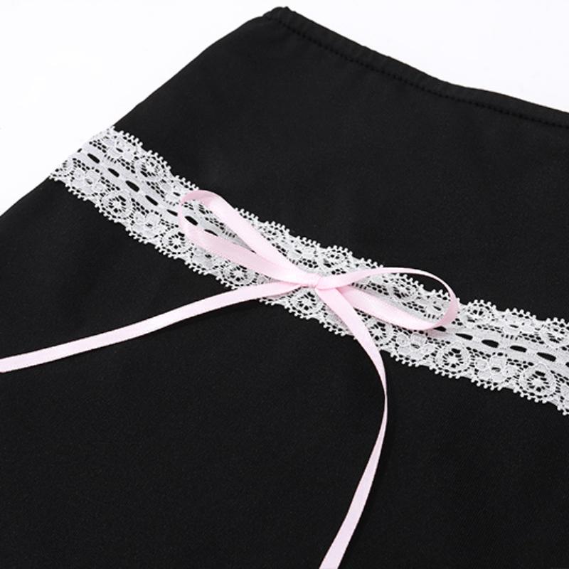 Y2K Bow Chic Lace Stitch Black Skirt Women Sexy Lace Up Highwaist Slim Mini Skirts Female Patchwork Streetwear Vacation Bodycon Casual Clothing