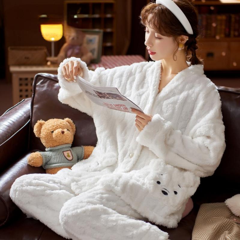 Фланелевая пижама с медведем и карманами для женщин с принтом, корейская милая повседневная свободная одежда для девочек Kawaii, осенне-зимняя теплая одежда для сна, шикарная тенденция