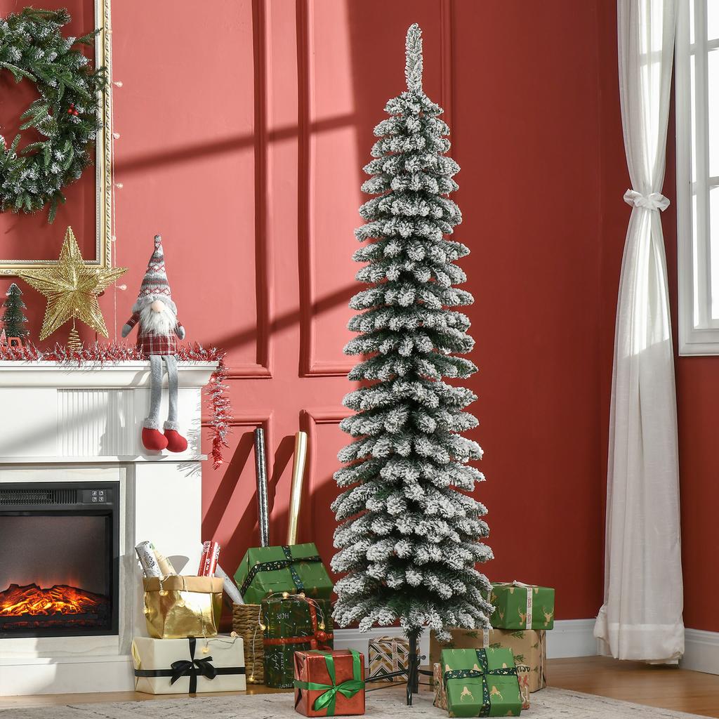 Artificial Christmas Tree Snow Covered Slim Design Fireproof 180 Cm Green White