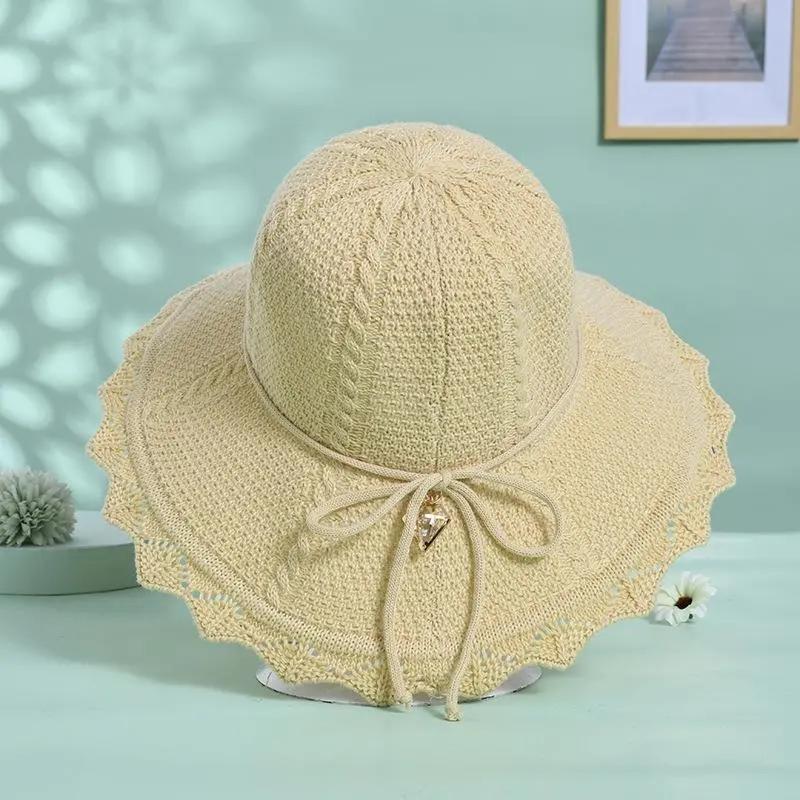 Collapsible Summer Hat for Women Beach Outdoor Straw Hat Large Brim Sunshade Bow Sun Hat