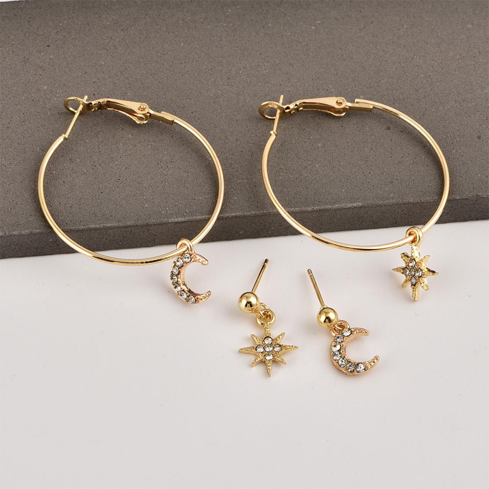 4Pcs/Set Bohemian Style Large Circle Earrings Ear Clip Crystal Moon Star Ear Stud Jewelry
