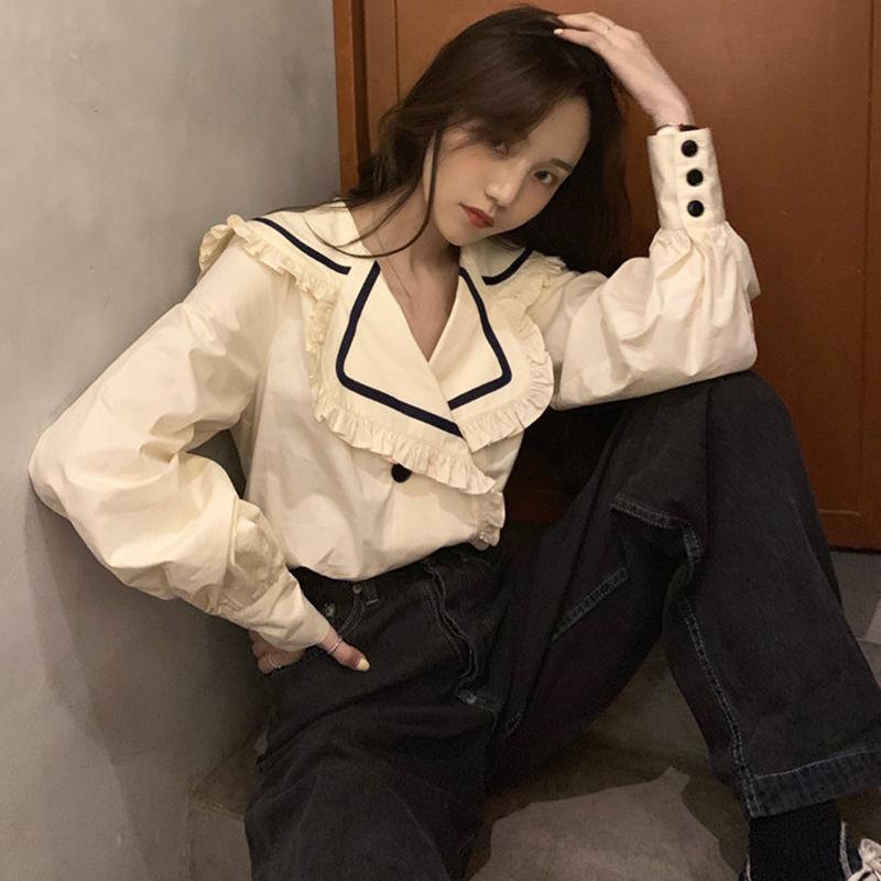 Рубашки женские винтажные лоскутные с рукавами-фонариками матросский воротник колледж двубортные свободные повседневные рубашки большого размера