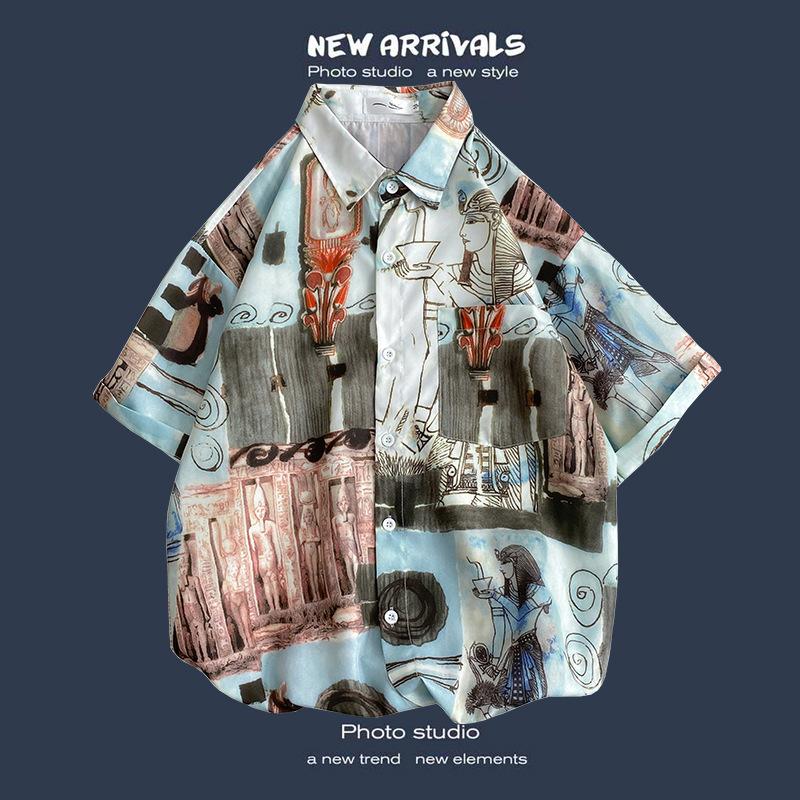 Retro Floral Shirt Blouse for Man Hawaiian Short-sleeved Floral Shirt Men's Loose Trend Couple All-match Five-point Sleeves