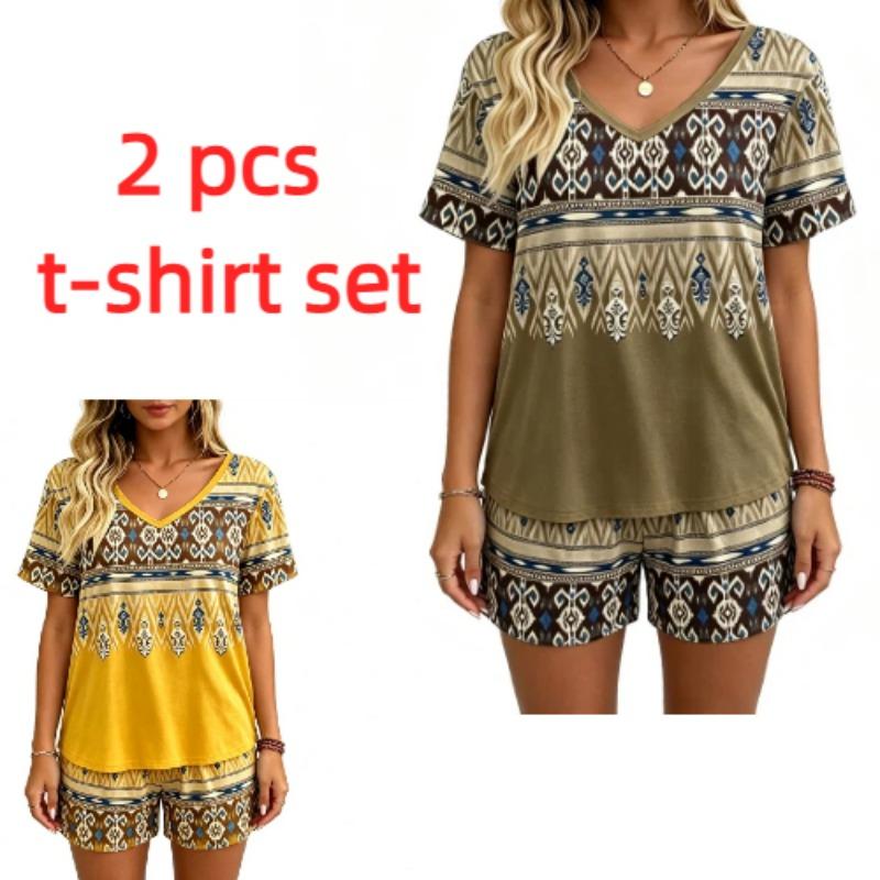 European and American Summer Fashion Ethnic Patterns Printed V Neck Short Sleeved T-Shirt And Shorts Set Women's and Men's T-shirt Shorts Set