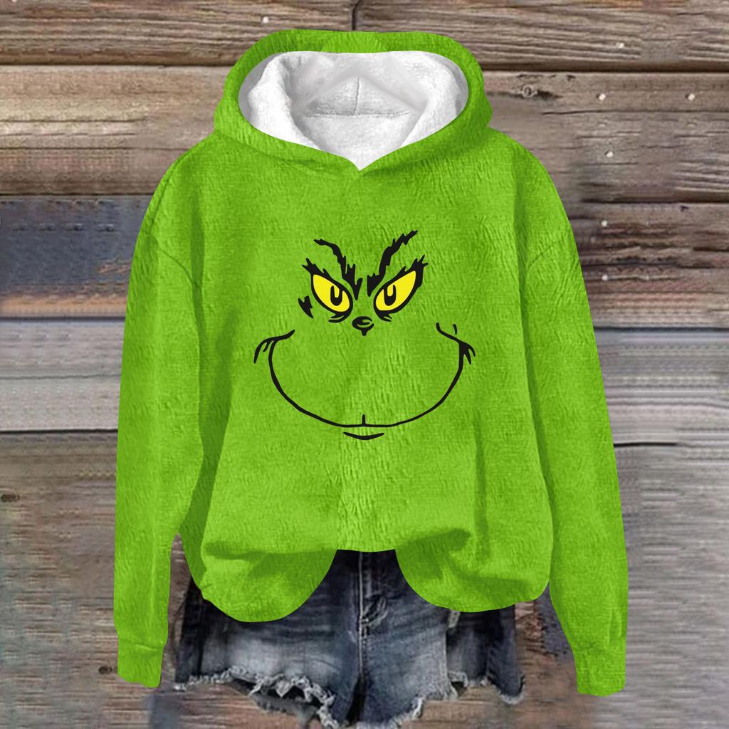 Women's Fashion Casual Long Sleeve Christmas Printed Flannel Top Hooded Sweatshirt